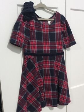 Janie and Jack Red and Navy Plaid Velvet-Bow Fit & Flare Dress